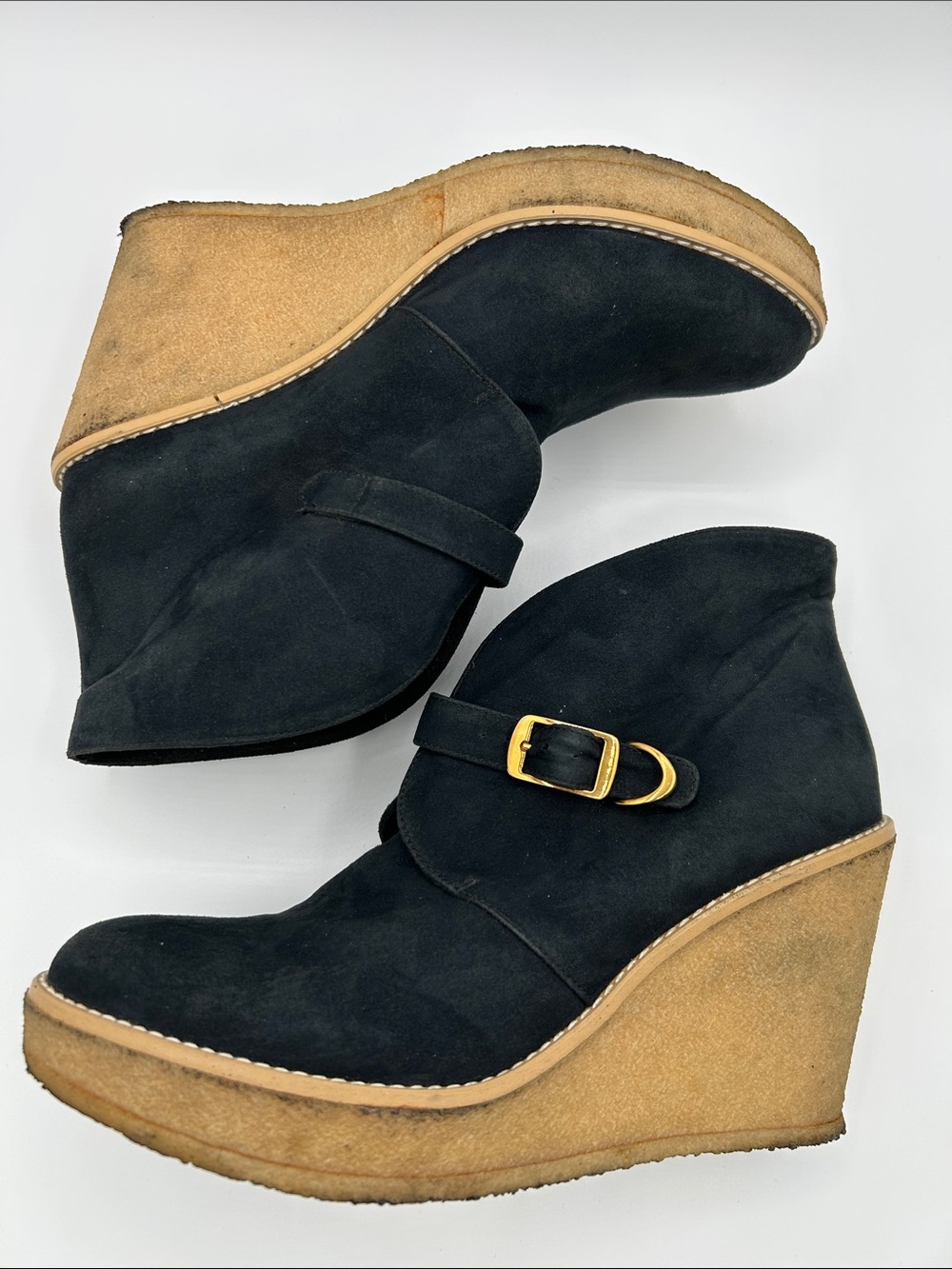 Stella McCartney Black Faux Suede Buckle Detail Wedge Ankle Booties